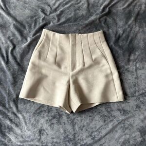 Beige High Waisted Tailored Shorts Pleated Minimalist XS S
